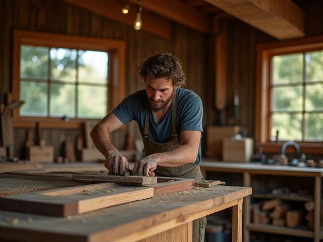 Tundra Hearth workshop interior with craftsman working on a custom cabinet