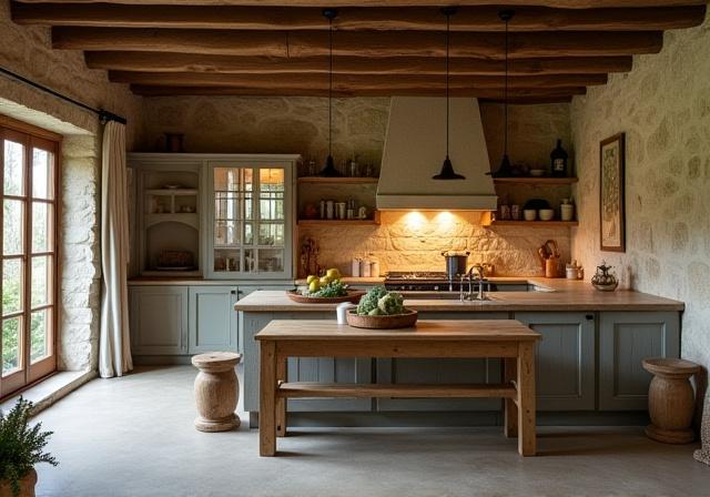 Rustic kitchen with reclaimed wood and stone wall