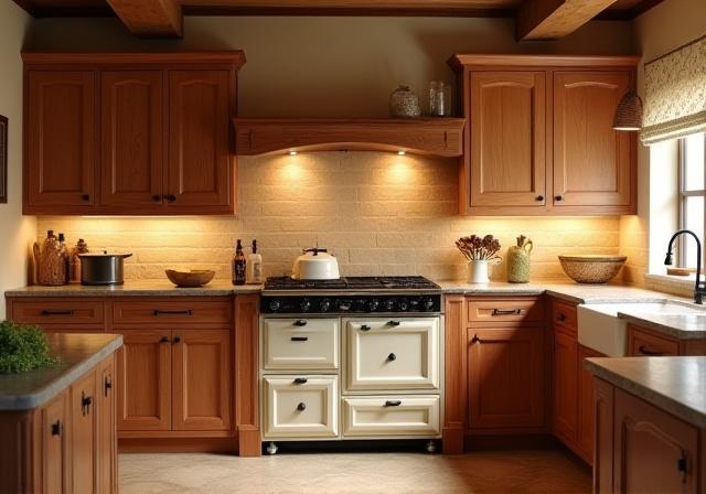 Cozy rustic kitchen with timber cabinets and range cooker