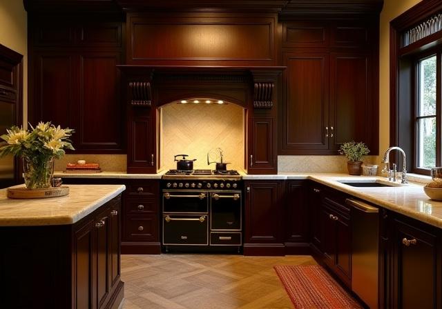 Elegant traditional kitchen with dark wood and brass