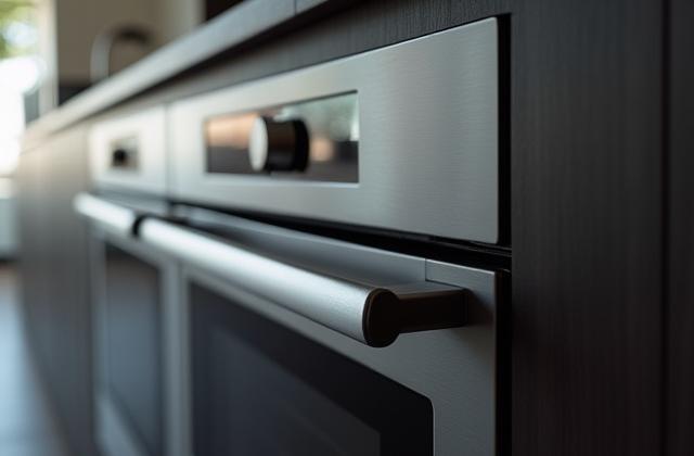 Sleek, integrated kitchen appliances, including a built-in oven and microwave