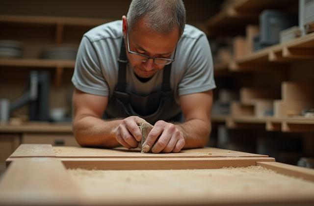 Skilled craftsman working on wooden kitchen cabinet components in a workshop