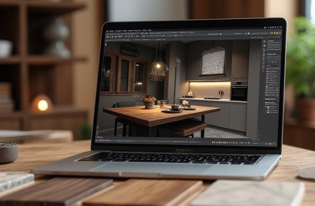 3D rendering of a modern bespoke kitchen design on a screen, with material samples like wood and stone on a desk