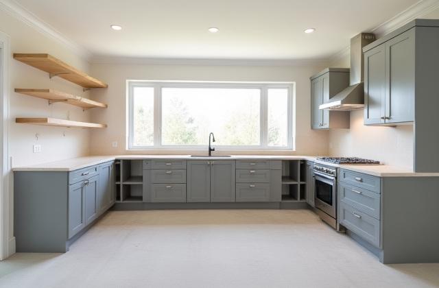Modern kitchen mid-renovation with new cabinets and appliances being fitted