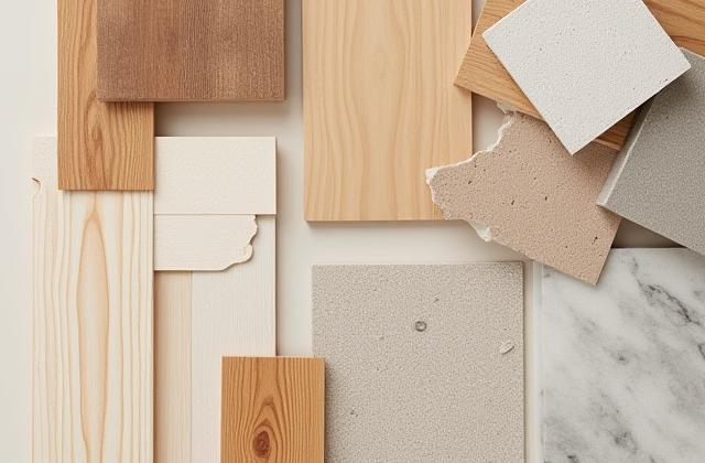Close-up of various sustainable timber and natural stone samples